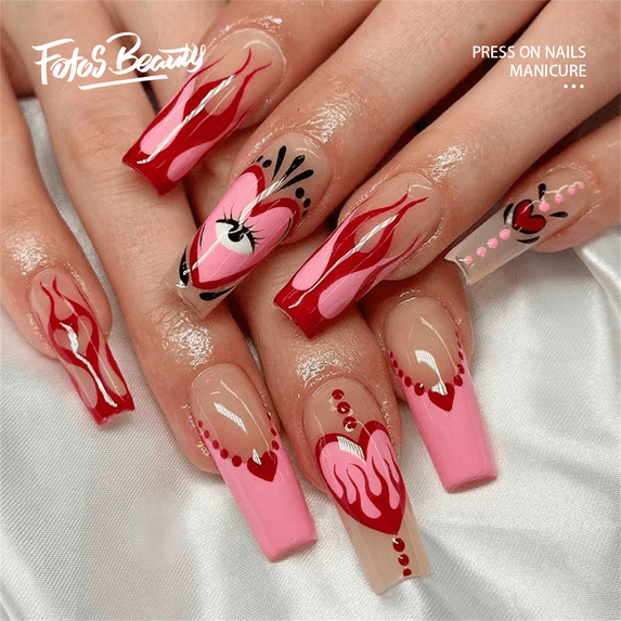 Fofosbeauty 24pcs Coffin Fake Press-on Nails for Girls Women,Heart Flame