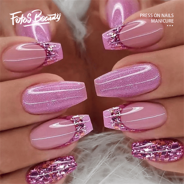 Fofosbeauty 24pcs Coffin Fake Press-on Nails for Girls Women, -Purple  Glitter Sequins