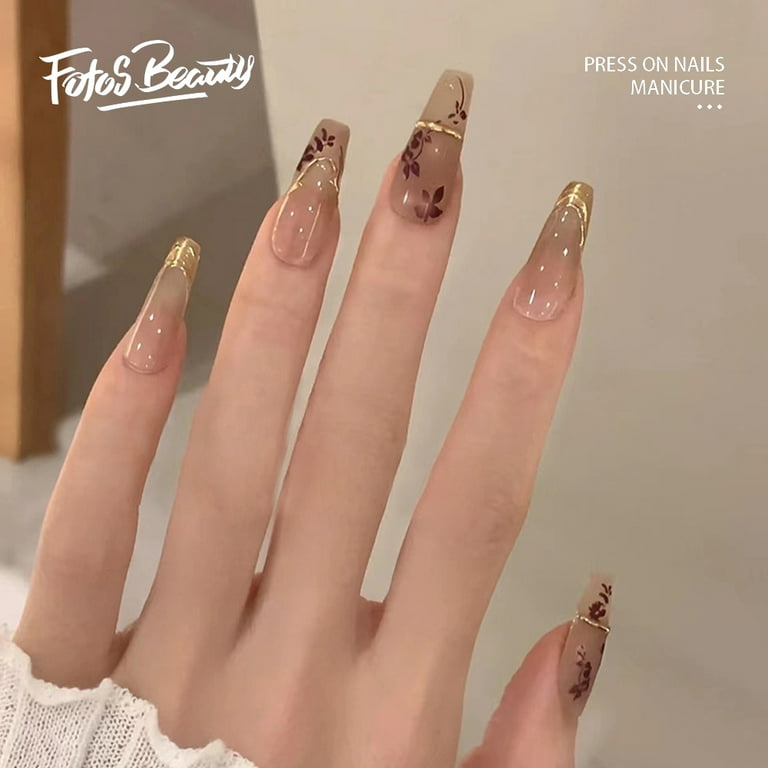 Black Almond Press on Nails Medium Length Gold Foil Fake Nails with Gold  Foil Glitter Line Designs Glossy Coffin Nails Full Cover Nail Tips Glue on