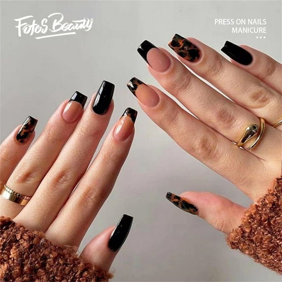 Fofosbeauty 24pcs Fake Nails Tips, Medium Press on French Nails, Short Coffin Black Jade French Art