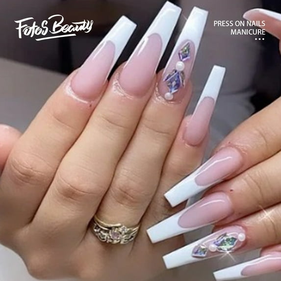 Fofosbeauty 24pcs French Nude White Ballerina Flash Diamond Crystal Long Glossy Coffin Flash Fake Nails Press on Nail False Tips Manicure for Women and Girls