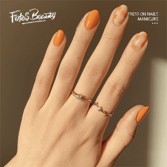Fofosbeauty 24pcs Orange Press on False Nails Tips,Almond Fake Nails,Cute Orange