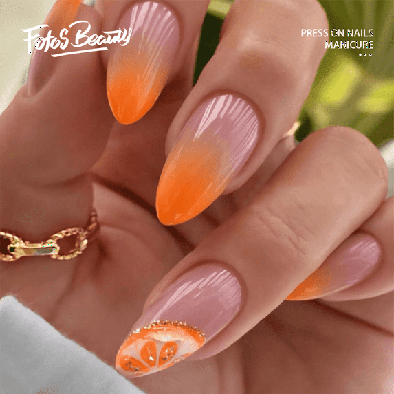 Fofosbeauty 24pcs Orange Press on False Nails Tips,Almond Fake Nails,Gradient Gloss