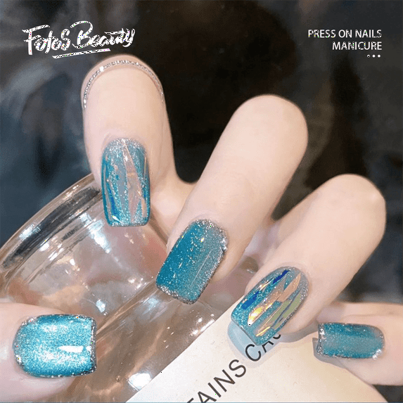 Fofosbeauty 24pcs Orange Press on False Nails Tips,Square Fake Nails,Aquamarine Lucite