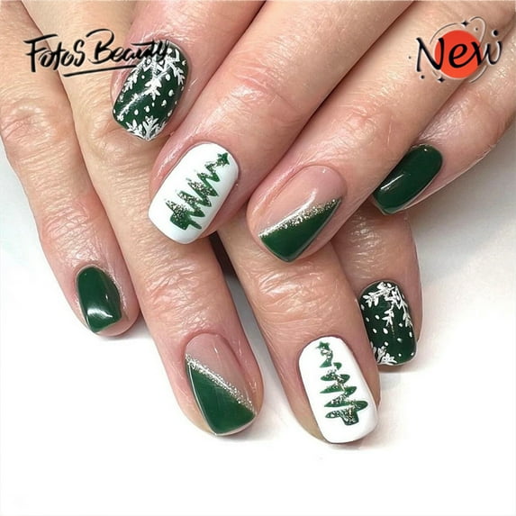 Fofosbeauty 24pcs Press on Nails, Square Tip Nails, Christmas Fake Nails, Full Cover Acrylic Nails for Girls Kids, Square Christmas Snowflakes French Green
