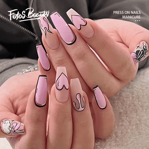 Fofosbeauty 24pcs Press on False Nail Tips,Coffin Fake Nails,Pink Heart Kitten
