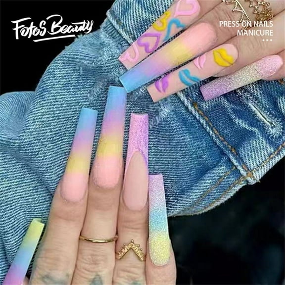 Fofosbeauty 24pcs Press on False Nail Tips Coffin Manicure Full Cover Fake Nails, Matte Rainbow Day