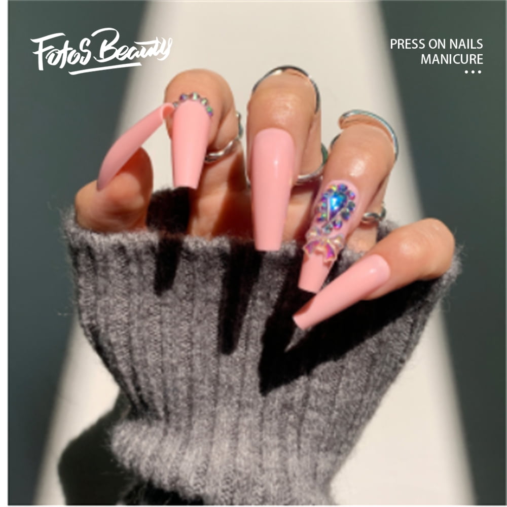 Fofosbeauty 24PCS Press on Fake Nails, Extra Long Coffin Gel False Nails,  Peach 