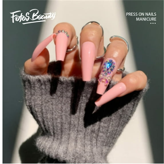 Fofosbeauty 24pcs Press on False Nail Tips Extra Long Coffin Full Cover Fake Nails, Coffin Gel Pink with Stone