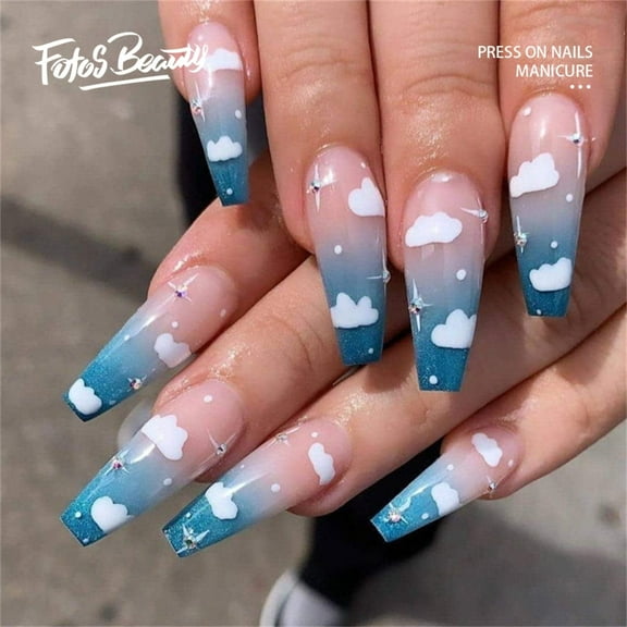Fofosbeauty 24pcs Press on False Nail Tips Extra Long Coffin Manicure Full Cover Fake Nails, Blue Cloudy