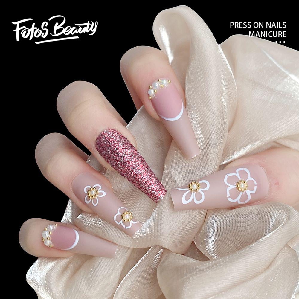 Artquee 24pcs Light Nude Pink Clear Press on Nails Long Ballerina Glossy  Fake Nail Art Luxury 3D Flower With Rhinestones Coffin False Tips  Artificial Manicure Stick for Women and Girls Decoration Light