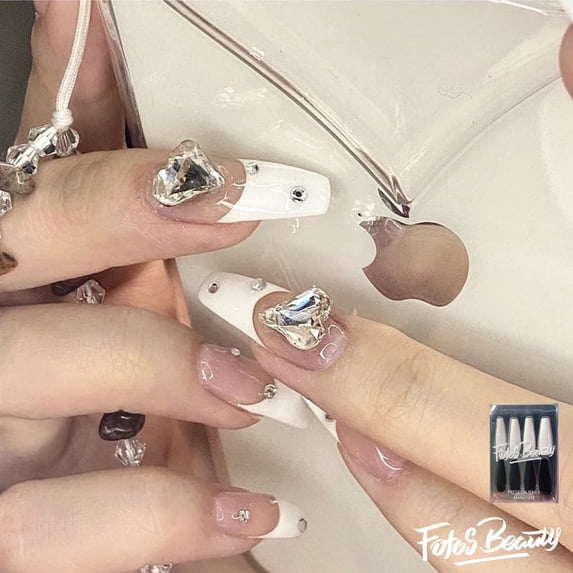 Fofosbeauty 24pcs Press on False Nail Tips Long Coffin Full Cover Fake Nails, Coffin French White With Big Heart Stone