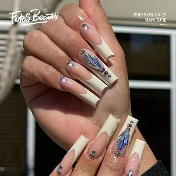 Fofosbeauty 24pcs Press on False Nail Tips Long Coffin Full Cover Fake Nails, Coffin French with Shining Stone