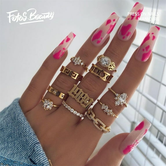 Fofosbeauty 24pcs Press on False Nail Tips Long Coffin Full Cover Fake Nails, Coffin Hot Pink Cow