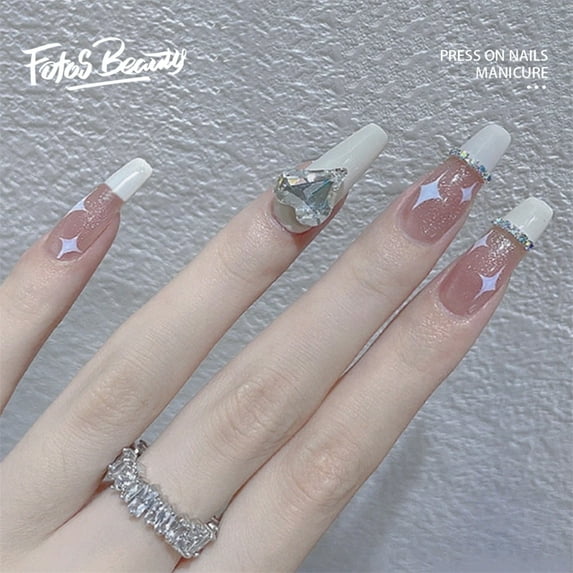 Fofosbeauty 24pcs Press on False Nail Tips Long Coffin Full Cover Fake Nails, Coffin Twinkle Star in French Heart