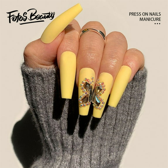 Fofosbeauty 24pcs Press on False Nail Tips Long Coffin Full Cover Fake Nails, Gel Yellow Butterfly Stones