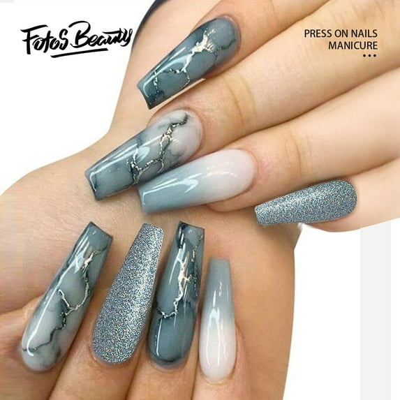 Fofosbeauty 24pcs Press on False Nail Tips Long Coffin Full Cover Fake Nails, Jade Marble