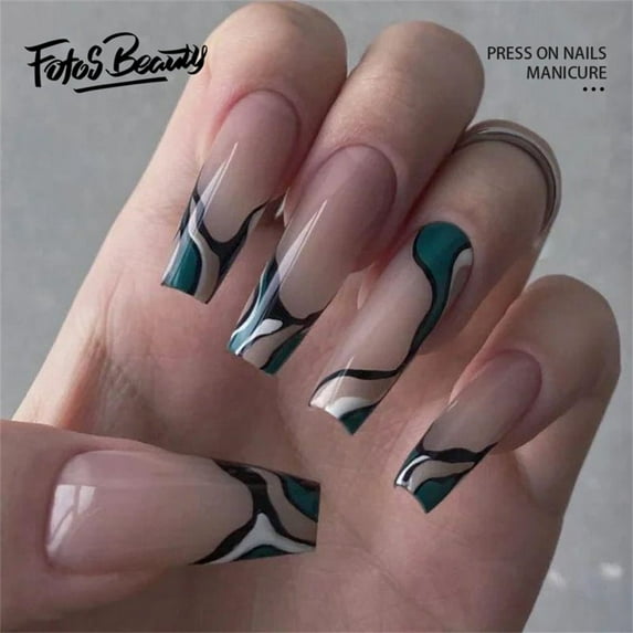 Fofosbeauty 24pcs Press on False Nail Tips Long Coffin Full Cover Fake Nails, Jasper French with Wave