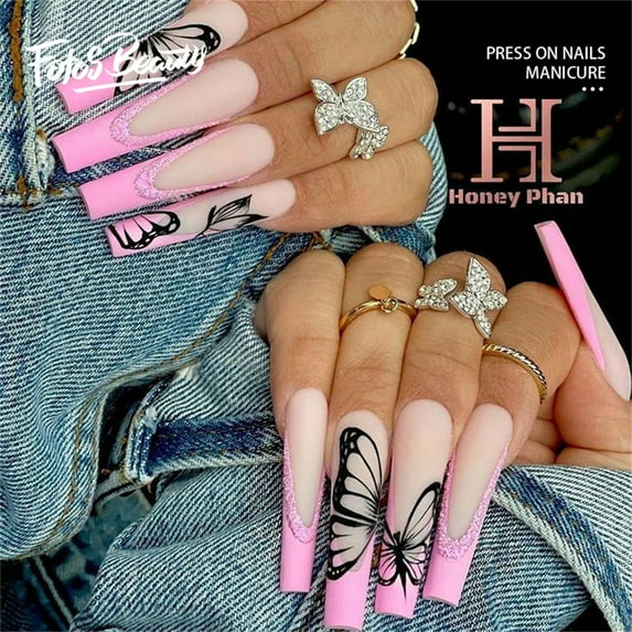 Fofosbeauty 24pcs Press on False Nail Tips Long Coffin Full Cover Fake Nails, Matte Pink French with Black Butterfly