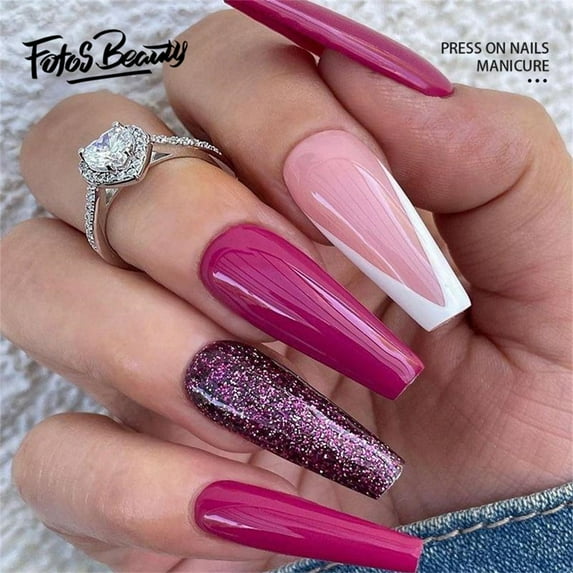 Fofosbeauty 24pcs Press on False Nail Tips Long Coffin Full Cover Fake Nails, Purple French White