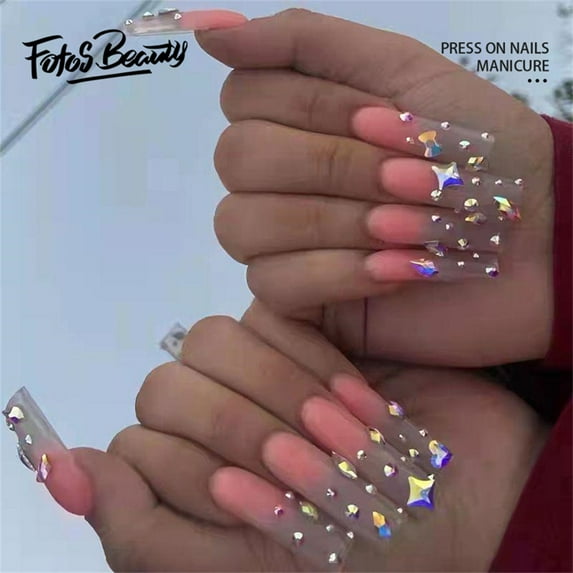 Fofosbeauty 24pcs Press on False Nail Tips Long Coffin Full Cover Fake Nails, Sparkle Diamonds in Gradual Pink