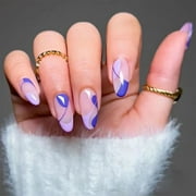 Fofosbeauty 24pcs Press on False Nail Tips Medium Almond Full Cover Fake Nails, Almond Blue and Light Purple Art