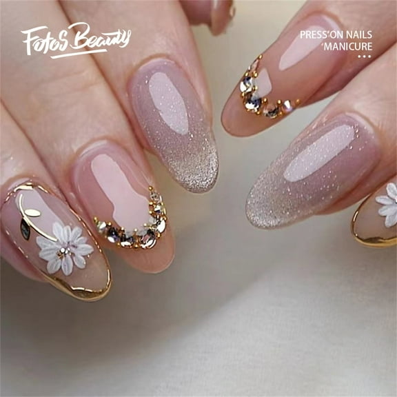 Fofosbeauty 24pcs Press on False Nails, Almond Fake Acrylic Nails,Daisy Cat's Eye Spar