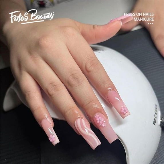 Fofosbeauty 24pcs Press on False Nails, Coffin Fake Acrylic Nails,Flower Striped Sweet Pink