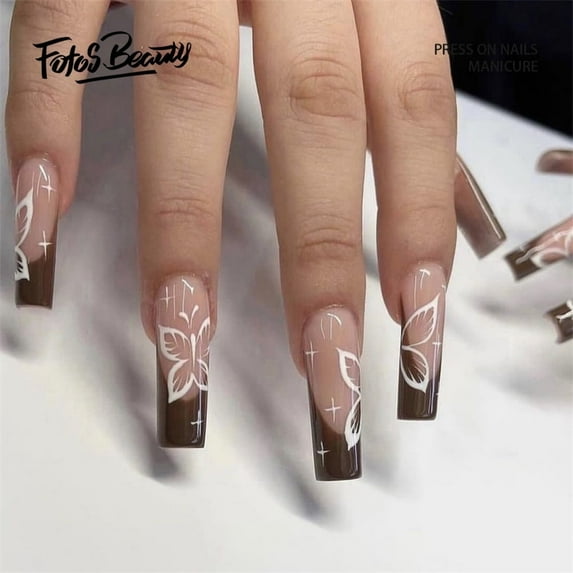 Fofosbeauty 24pcs Press on False Nails, Coffin Fake Acrylic Nails, French Butterfly Brown White