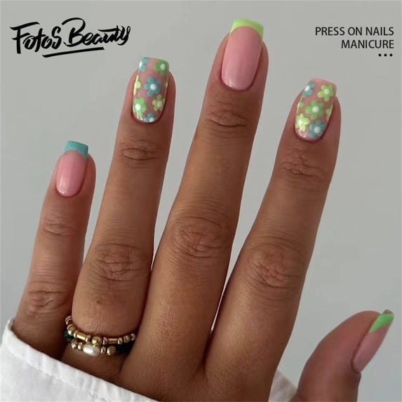 Fofosbeauty 24pcs Press on False Nails,Coffin Fake Acrylic Nails, Fresh Girly Flowers Green