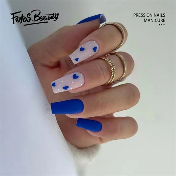 Fofosbeauty 24pcs Press on False Nails, Coffin Fake Acrylic Nails, Heart of the Aquamarine