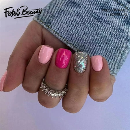 Fofosbeauty 24pcs Press on False Nails,Coffin Fake Acrylic Nails, Solid Color Flashes Pink