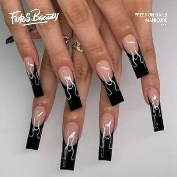 Fofosbeauty 24pcs Press on False Nails, Coffin Long Nails, Black Fire