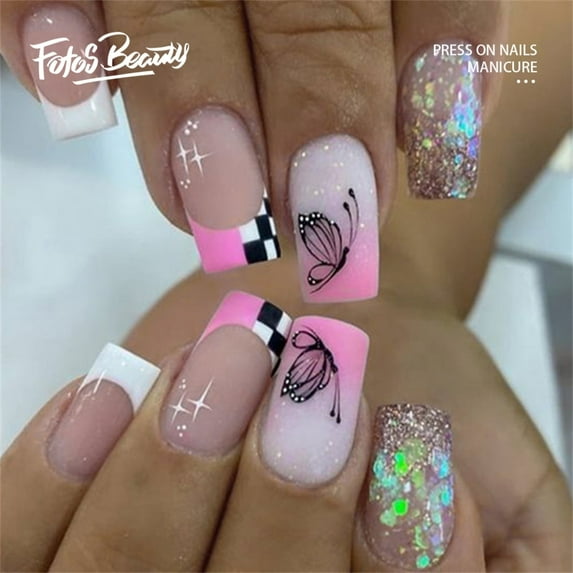 Fofosbeauty 24pcs Press on False Nails,Fake Nails for Gifts,Coffin Butterfly French Pink