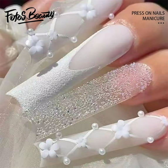Fofosbeauty 24pcs Press on False Nails,Fake Nails for Gifts,Long Coffin Pearl Glitter White