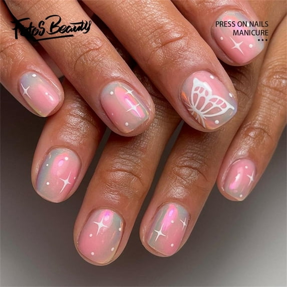 Fofosbeauty 24pcs Press on False Nails,Fake Nails for Gifts,Round Aurora Blush Butterfly