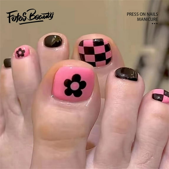 Fofosbeauty 24pcs Press on False Nails,Fake Nails for Gifts,Square Toe Flower Checkerboard Pink