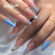 Fofosbeauty 24pcs Press on False Nails,Fake Nails for New Year Valentine's Gift,Coffin French Blue White
