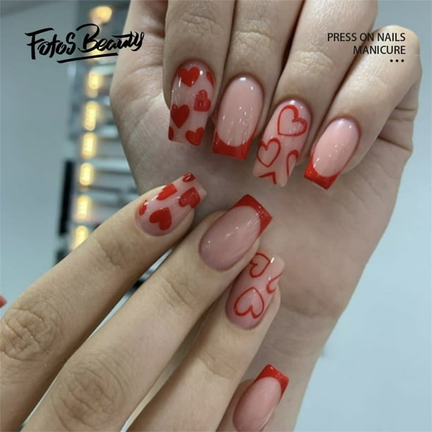 Fofosbeauty 24pcs Press on False Nails Fake Nails for New Year Valentine s Gift Coffin Highlight red hearts Walmart Business Supplies