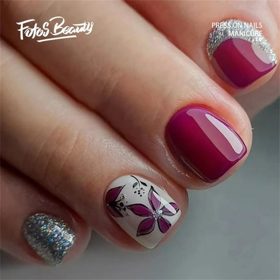 Fofosbeauty 24pcs Press-on False Nails,Fake Nails for New Year Valentine's Gift,Round Flowers and Plants Rose Red