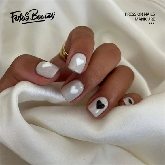 Fofosbeauty 24pcs Press on False Nails,Fake Nails for New Year Valentine's Gift,Square Black and white jumping color love cold feeling