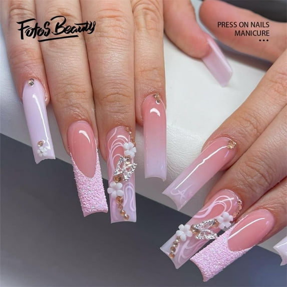 Fofosbeauty 24pcs Press on False Nails, Long Coffin Acrylic Nails, Gradual French Flower Glittering Butterfly