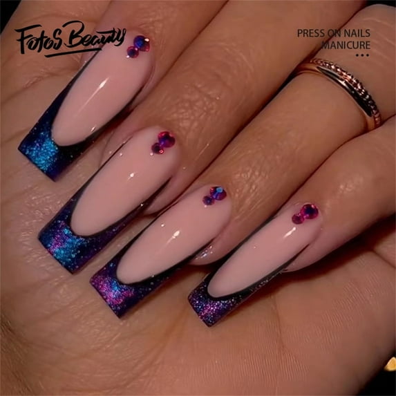 Fofosbeauty 24pcs Press on False Nails, Long Coffin Fake Acrylic Nails, Ballet Burst Sparkle French Sweet Cool