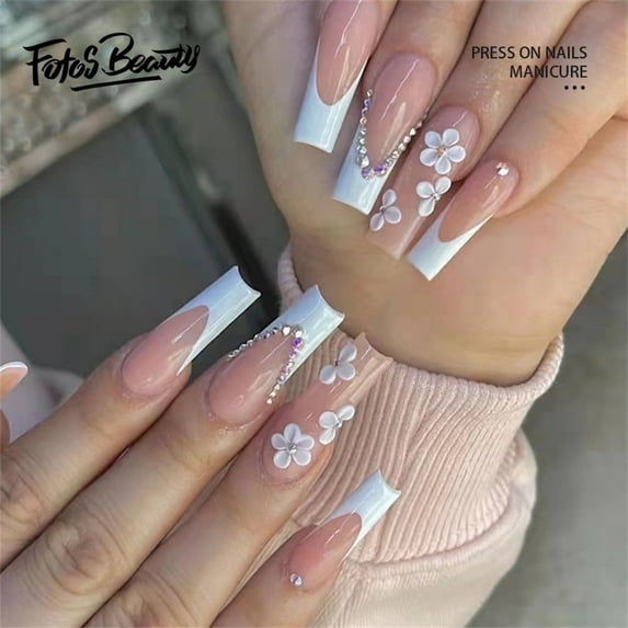 Fofosbeauty 24pcs Press on False Nails, Long Coffin Fake Acrylic Nails, French Ice Floret Powder