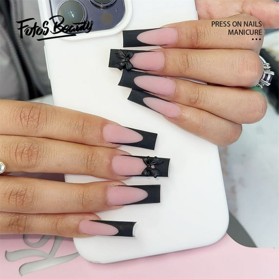 Fofosbeauty 24pcs Press on False Nails, Long Coffin Fake Acrylic Nails, Frosted Bow