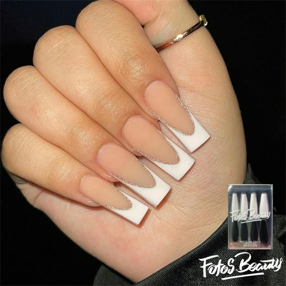 Fofosbeauty 24pcs Press on False Nails, Long Coffin Fake Nails, Coffin French in Common Matte