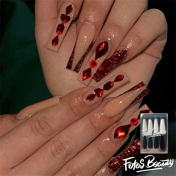 Fofosbeauty 24pcs Press on False Nails, Long Coffin Fake Nails, Coffin Ruby Nude French V