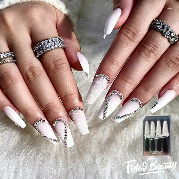 Fofosbeauty 24pcs Press on False Nails, Long Coffin Fake Nails, Coffin Snowwhite Heart