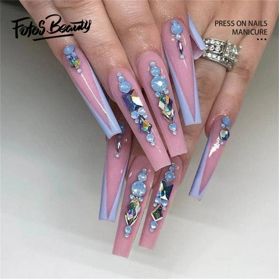 Fofosbeauty 24pcs Press on False Nails, Long Coffin Fake Nails, Diamonds in Deep V French Ocean