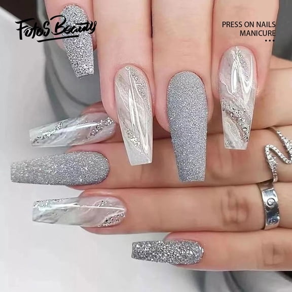 Fofosbeauty 24pcs Press on False Nails, Long Coffin Fake Nails, Gorgeous Marble Gray